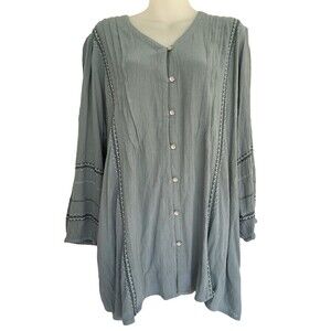 NWT J. Jill Womens Med Blue Spruce Embroidered Button Viscose Tunic Oversized